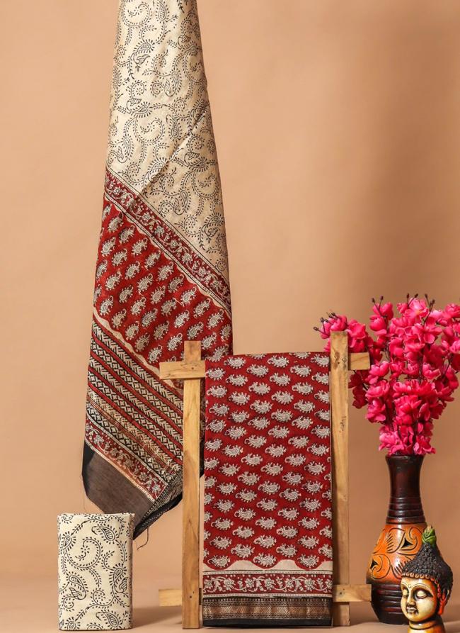 Maheshwari Silk Red Festival Wear Block Printed Dress Material